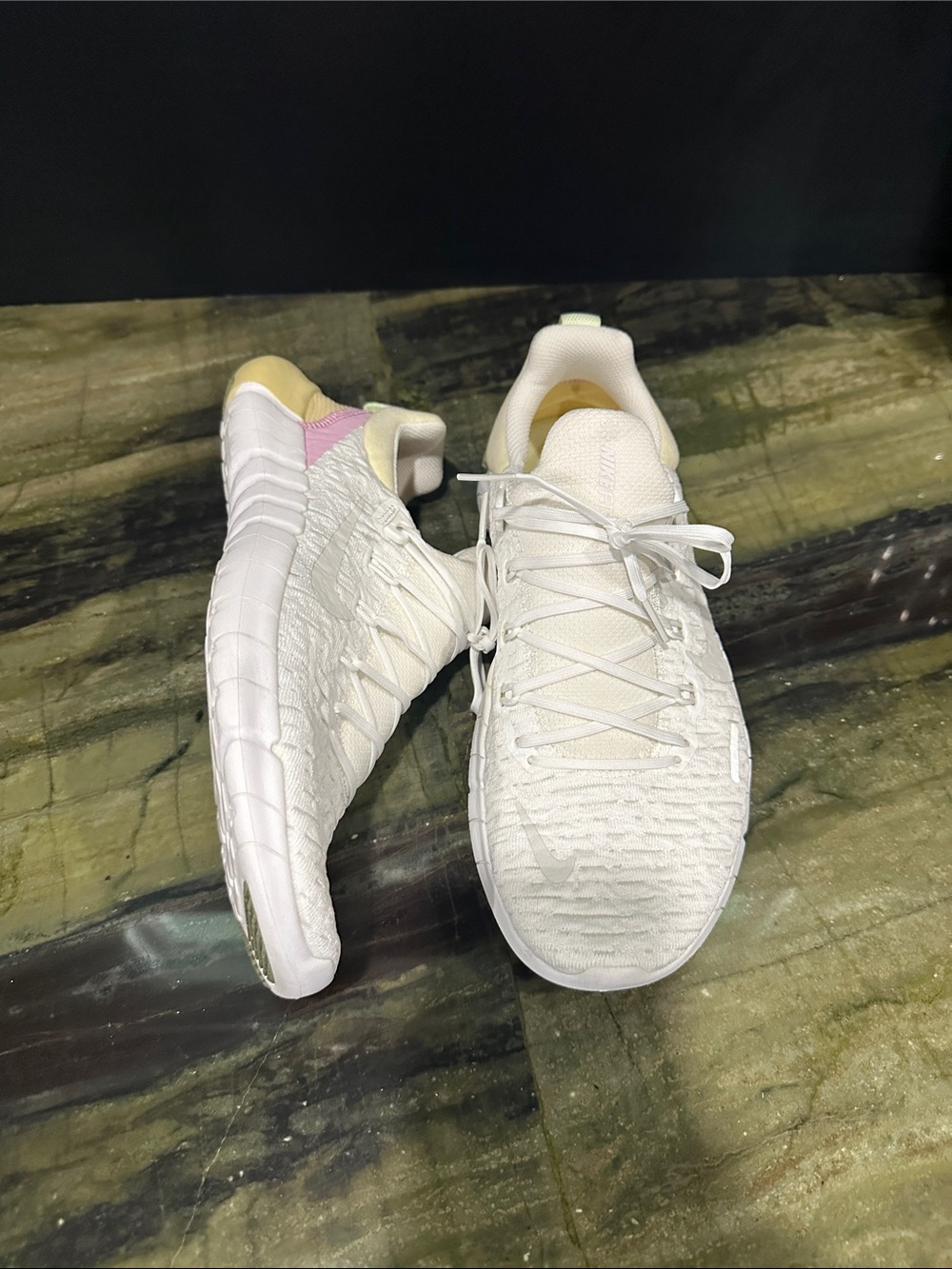Women's White Athletic Sneakers with Subtle Pink and yellow Accent